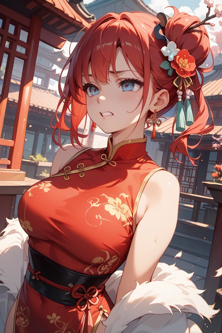(masterpiece), (Highest quality), (Very detailed), Intricate details, 1 girl, alone, Red eyes, Red Hair, short hair, Hair Bun, Medium breath, Red fingerless gloves, Purple Chinese Dress , short boots,(Outdoor), photo shoot, smile, blush, sunny, Browsing Caution, Chinese boxing, Blurred Background, Street background, information, Glamorous figure, Big breasts