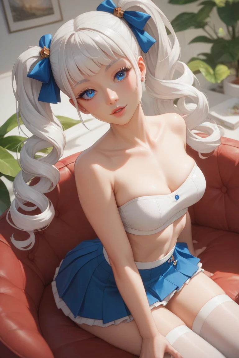 (1 girl one girl:1 girl.3 girls), solo,_Kim Ji-ni Jennie face,Wear a royal blue armband sweater,Short model,White bandeau inside,blue shorts,,sex appeal,cuteness,white legwear,White wall,,FULL-bodyphoto,looks at the viewer,World-weary face,Indifferent eyes,Korean style