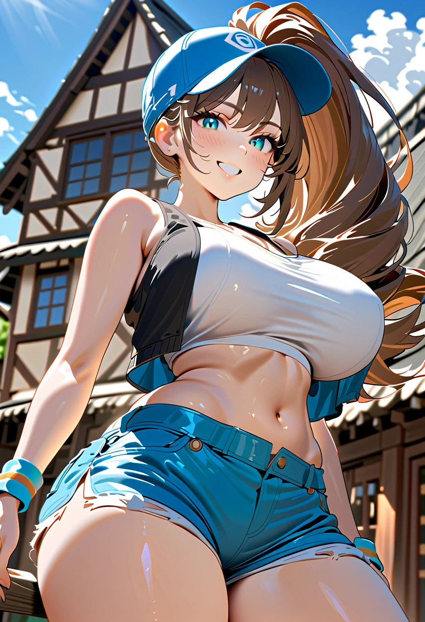 1 girl,a smile、Mouth open、tshirts,hotpants,poneyTail,bending forward、cleavage of the breast,From above,pov、entranceway、Intricate details, Hyper realistic, Perfect Anatomy