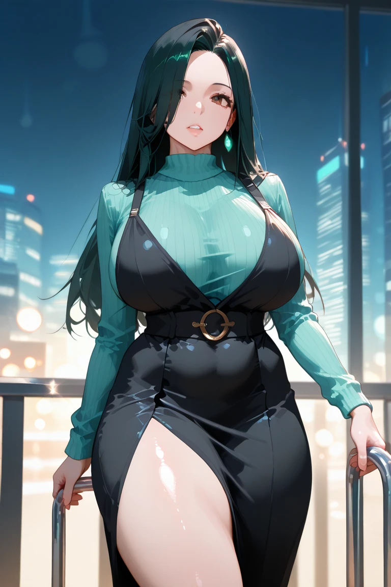 raw photo, full body, standing, on a balcony, nighttime, holding a drink, choker, bare shoulders, tight purple dress, <lora:ddcsunbae:.85>, cleavage, long hair, huge breasts, black hair, green eyes, mole under eye, purple hair, mature female, thick thighs, curvy, wide hips, slight smile
