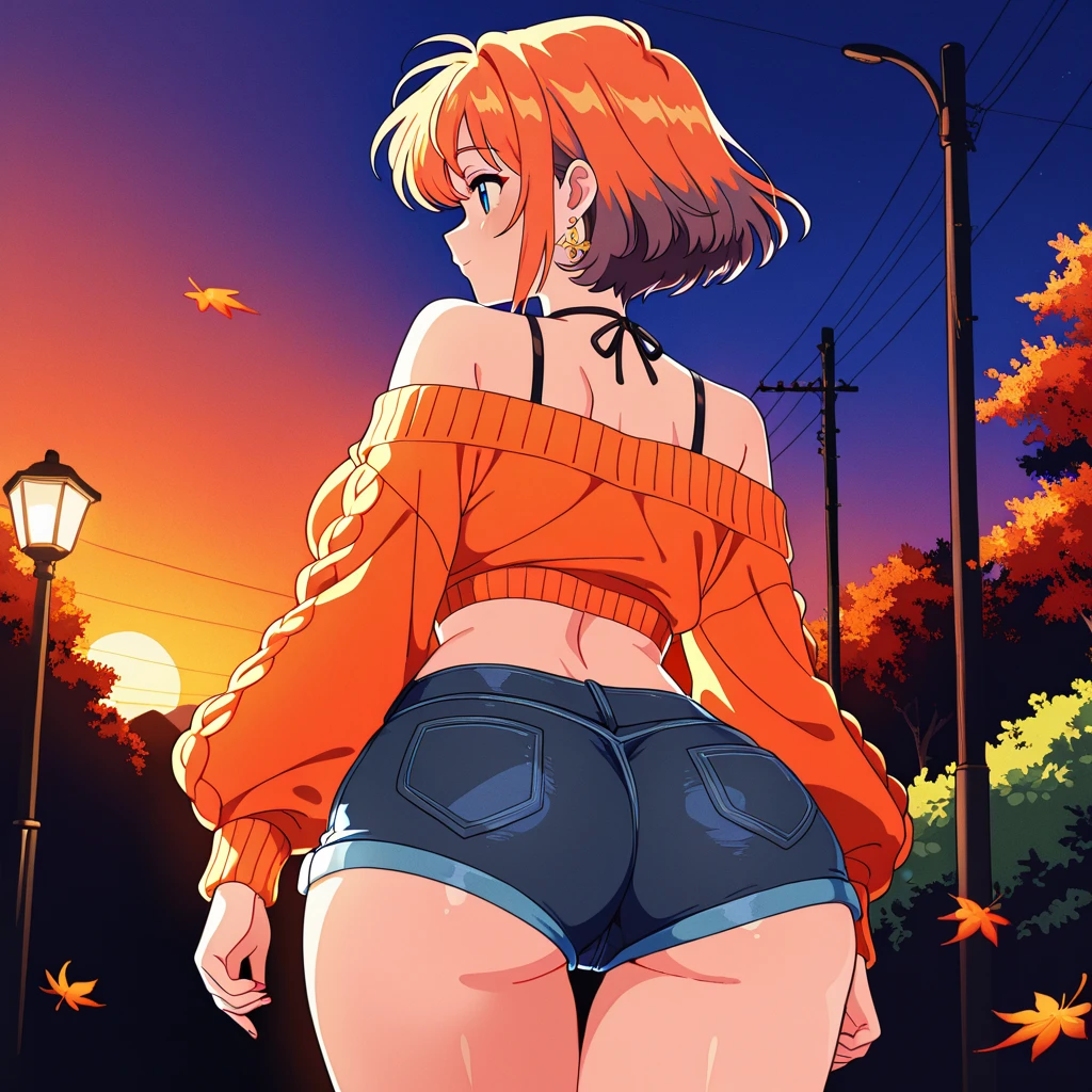 (masterpiece), best quality, expressive eyes, perfect face, 1girl, solo, tomboy, mature female, big breasts, short hair, Cleavage, orange hair BREAK hair buns, double buns, blue eyes BREAK from behind, looking back, orange sweater BREAK denim shorts BREAK butt focus, starry sky, night sky, village town, hands on hips, :/, bored face, standing, from below