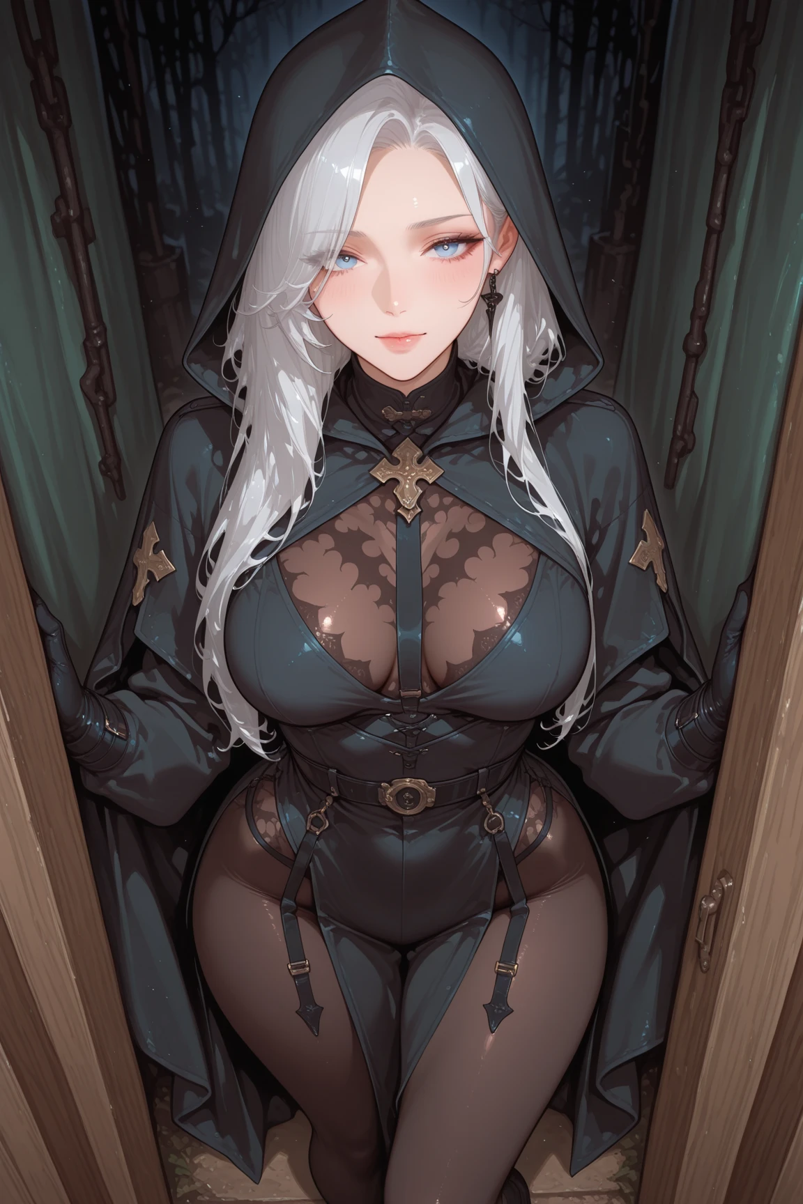 fire keeper Dark Souls 3, girl blindfolded, sexy girl no clothes, big bobs , White background, sweating a lot, topless, no clothes