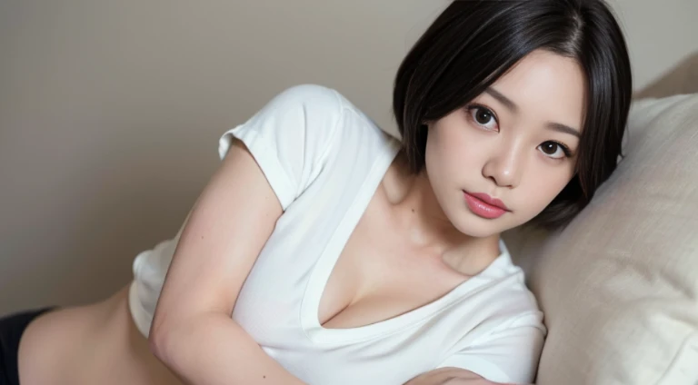 arafed asian woman in a white cropped tshirt posing for a picture, thin asian model, ((massive breasts|huge breasts|tight white cropped tshirt|short sleeves)), 2 4 year old female model, beautiful alluring , model with attractive body, gorgeous young korean woman, gorgeous young model, young sensual graceful, gorgeous chinese model, sporty physique, ((curly bangs)), ((very dark short hair)), ((black hair in a rough shag)), wavy hair, (masterpiece:1.3), high resolution, ((sensual olive skin)), ((rich golden lighting))