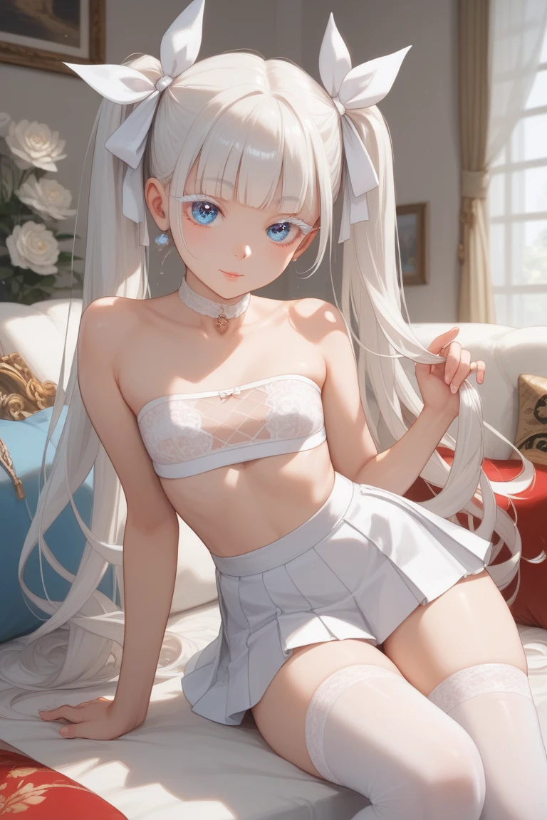 highest quality、High resolution、detailed background、beautiful and detailed face、beautiful and smooth skin、skin texture、professional lighting、Beautiful teenage girl、((three women))、cute hairstyle、 white bra、white panties、white knee high socks、white pantyhose、Pull Panties、panty shot、Live Events、dancing、sing、laughter、smile、sexual expression、sexy