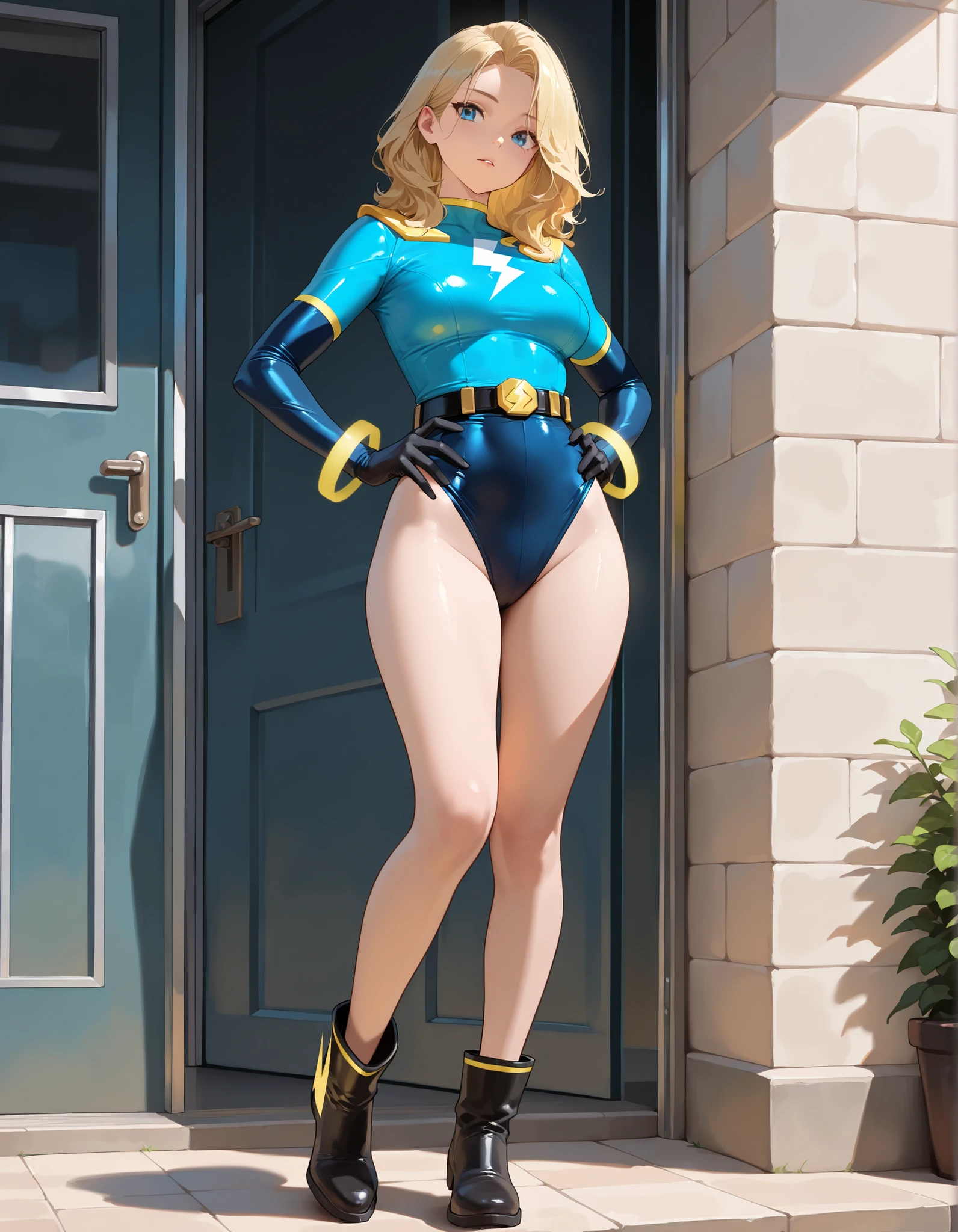 1girl, medium breasts, ((leotard, highleg leotard, light blue leotard)), (lighting bolt emblem on chest), bare legs, (tight belt), boots, matching boots, gloves, city backdrop, solo, single, standing, rear view, full body shot, cowboy shot, superhero, beautiful detailed eyes, power, ((blonde hair, short hair, wavy hair)), high school backdrop, outdoors, mature lady, teacher