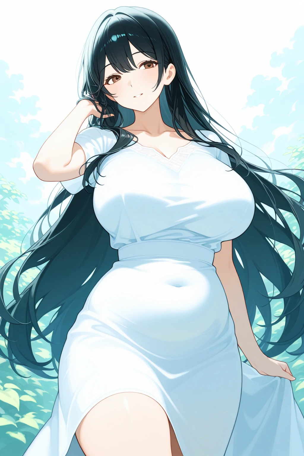 1 woman, black hair, very long hair, cute face, ideal ratio body proportions, blush, ((((hair over eyes)))), (curvy), (((large breasts))), (((large hip))), ((cleavage)), ((Straw hat)), (((White negligee))), ((Expressionless)), ((White dress)), ((Close your mouth)), ((((multiple angle)))), (Rural landscape:1.5), ((cowboy shot)), (((((spoken heart))))), ((from front)), ((from below)), (((looking down at viewer))), ((32k)), ((best quality)), ((ultra high res)), ((HDR)), ((UHD)), ((extremely detailed CG)), ((unity 32k wallpaper)), ((perfect anatomy)), (((anime colored))),