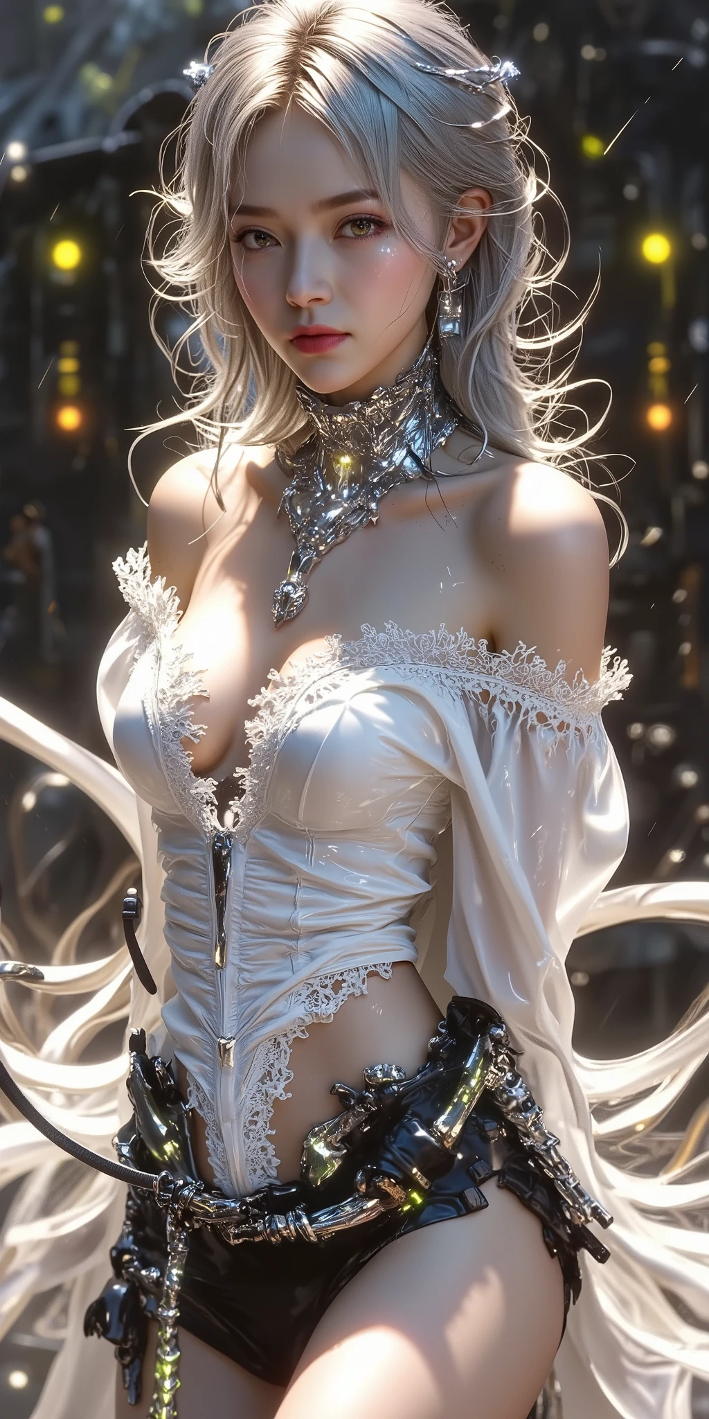 (Photoreal Stick:1.4, masutepiece:1..3, 8K), top-quality, masterpiece, 超A high resolution, Perfect dynamic composition, Professional camera work, Grow Light Effect, Mystical portrait, Cinematic Light, Highly detailed skin and facial texture:1.3, The ultra-detailliert, A detailed eye, (cart, loimu, Eau, the wind, lightning bolt), (myterious:1.3, Fanciful:1.2, tradition:1.2, majestueux:1.2), 1girl in, 25-years old, cute sexy slim female angel, Fair skin, (Enraptured look:0.9, Totally captivates you:1.0), (silver japanese kimono:1.3 off shoulder), (voluptuous breasts:0.9), (Backshots, Calm pose), (Beautiful blue eyes, Eyes that feel beautiful eros:0.85), Sexy face:0.4, (A mouthfeel that feels beautiful eros:0.85), ((Too cute beauty:0.9))