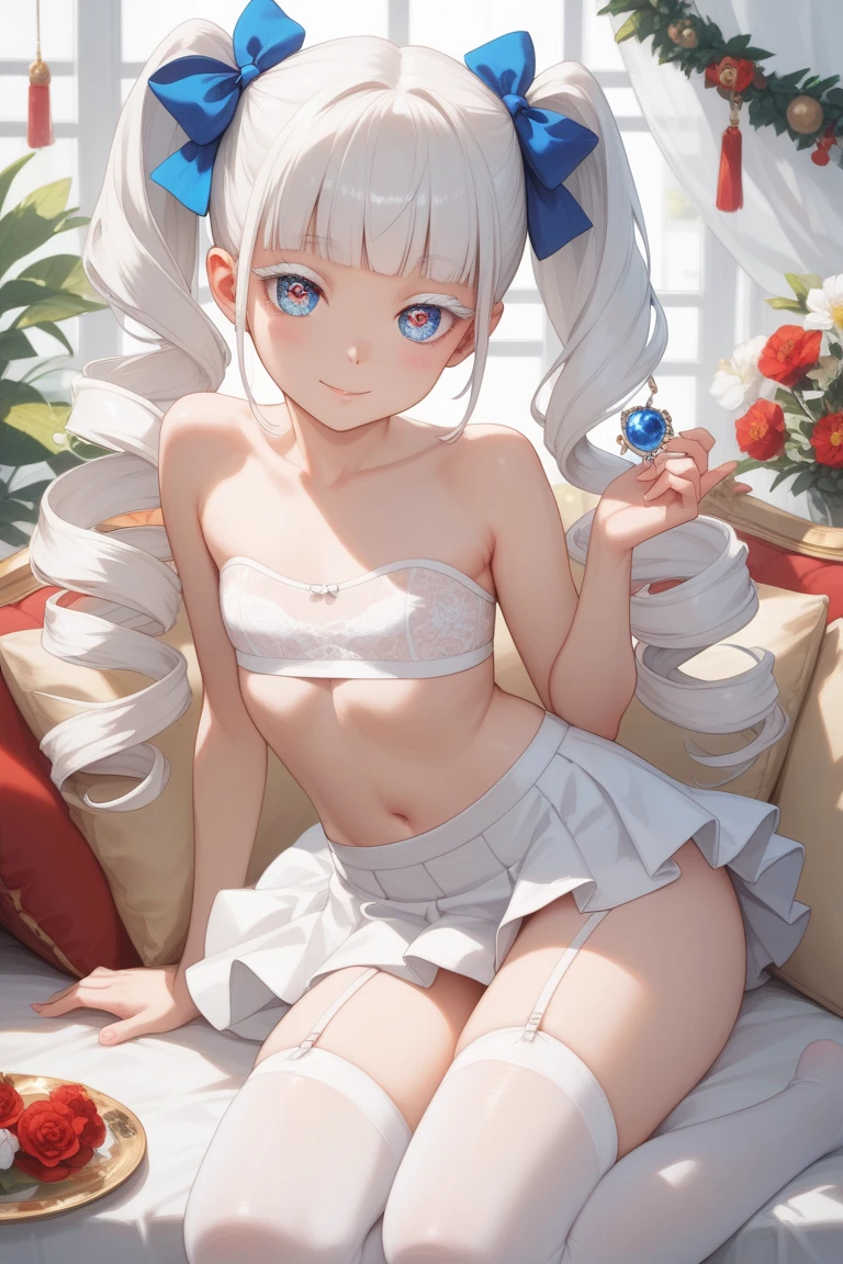 score_9, score_8_up, source_anime, masterpiece, absurdres, (big breasts:0.3),  perfect face, 1girl, cute expression, smiling, looking at viewer, sitting, chair ,lisamikhailovna, alisamikhailovna kujou, long hair, bangs, blue eyes, ahoge, gray hair, red ribbon, ornate bra, white bra, white panties, ornate panties