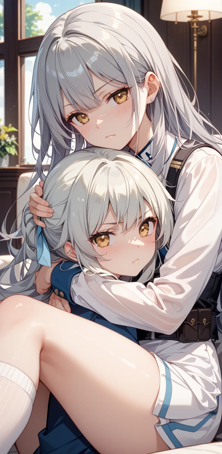 ((masterpiece)), ((highest quality)), ((High resolution)), ((Highly detailed CG integrated 8k wallpaper)), (side pony tail and long blond hair and orange eyes), beige blazer, and thin red ribbon across chest and whi(short bob silver hair, dark blue eyes), white blazer, big blue ribbon on the chest, cute, (two persons), white blubbery coat, (full body), ((masterpiece, top quality, very detailed)), anime, girl, skirt , te ruffled coat, (short silver hair, indigo eyes), white blazer and large light blue ribbon across chest, close friends, lovers, two people, masterpiece, best quality, extremely detailed, anime, girl, skirt , fantastic midnighit , dreamy, Two hairpins in the front, ((tilt one&#39;s head, View from the front:1.2)), ((squat with legs apart)), 