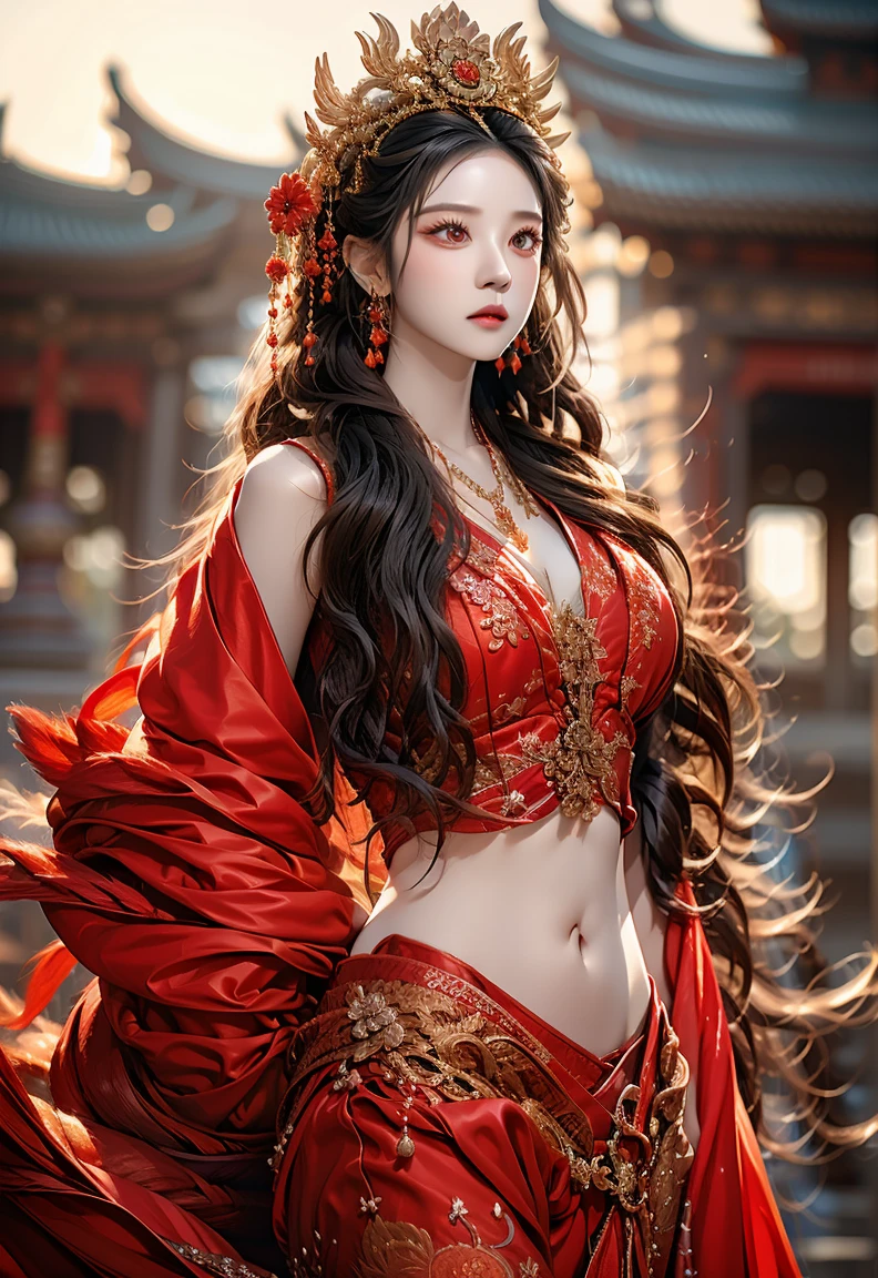 best quality, masterpiece, high resolution, 1girl, chinese hanfu, battlefield background, red scarf, hair accessory, necklace, jewelry, beautiful face, upon_body, tyndall effect, realistic, dark studio, edge lighting, duotone lighting, (high detail skin:1.2), 8k ultra hd, DSLR camera, soft lighting, high quality, volumetric lighting, frank, photos, high resolution, 4k, 8k, bokeh, red bikini, metallic, skinny. weapons