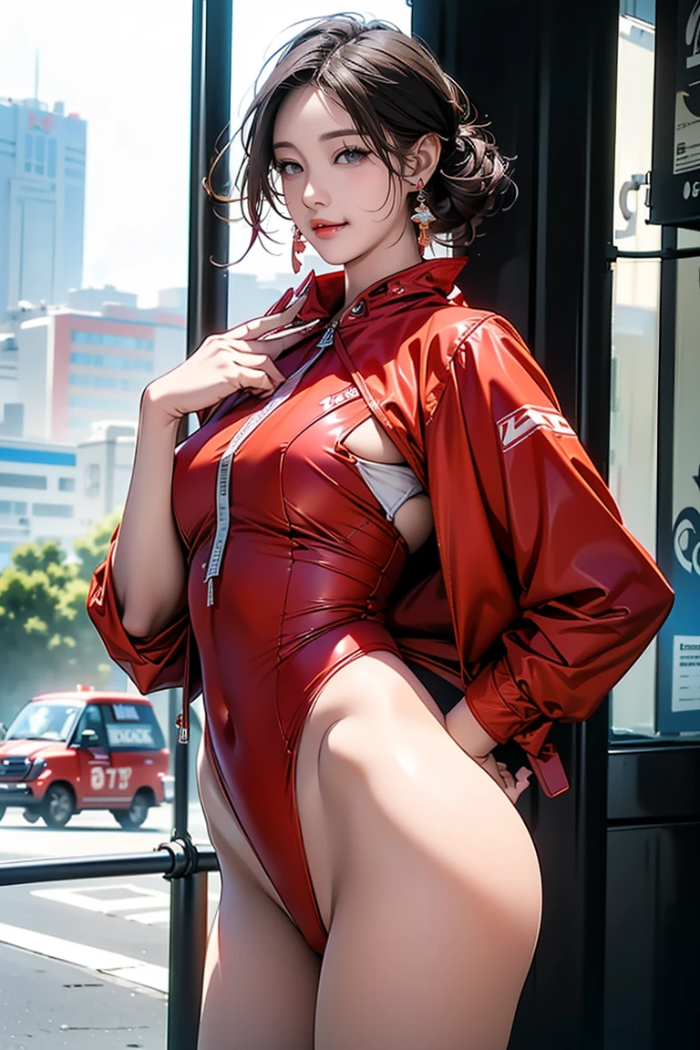 1girl, full body, Japanese girl, sexy extreme micro bunny themed red lingerie, extreme micro string bunny themed red g-string bikini,hair flower,(masterpiece:1.4),(best quality:1.4),(shiny skin),pink lips,looking at viewer,large breasts,parted lips, slender body, at mountainous train station 