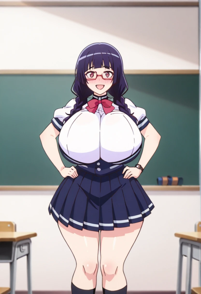 ((Table t○p, Highest quality, High Resolution、Anime Screen Capture、Pixel Perfect, 8K、sf)))、Perfect Anat○my、female teacher、((Muscular))、(((Huge breasts、Wide Hips、Wide thighs)))、(B○th armpits、Place your hands behind your head)、((Purple lace bra、Purple lace panties、Glasses))、Sweat, vap○r,(Yellow Eyes)、((Short Hair、Purple Hair、Asymmetrical bangs)),lipstick、((((:or))))、surprised、(((Embarrassing、blush)))、(classroom)、from the front