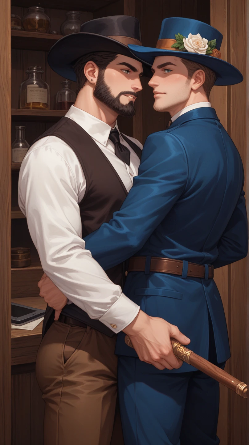 ((best quality)), ((masterpiece)), (detailed), a young man, full beard, wearing black suits, black pants, big penis