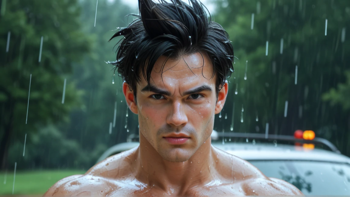 a guy with a masculine body and black hair with blue eyes and fair skin playing with some sort of little gooey white clear substance (good anime guy hand)
