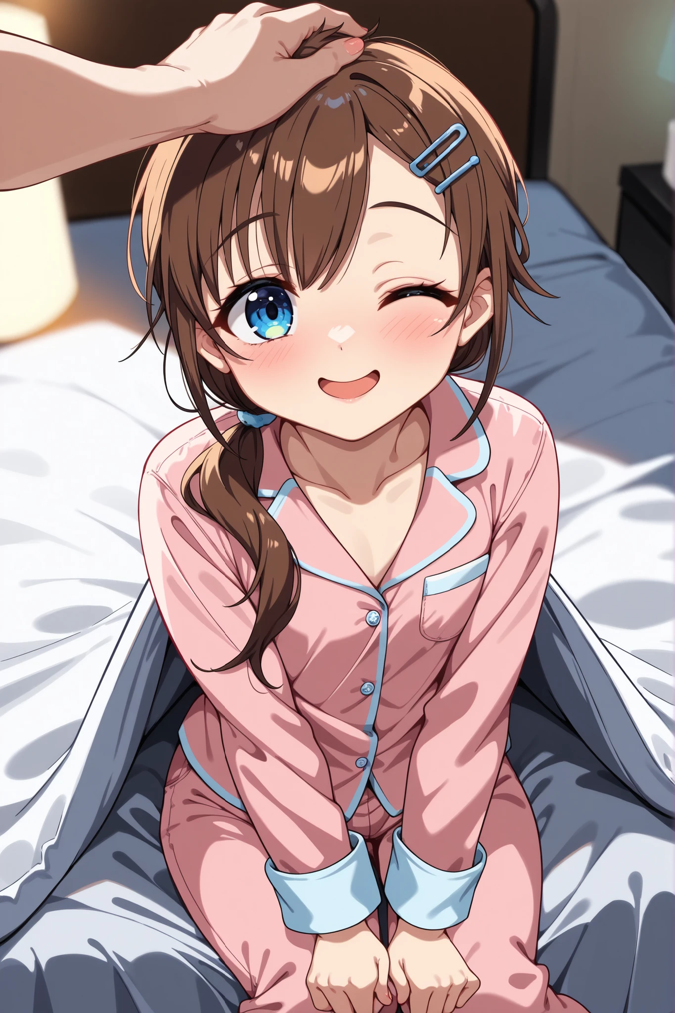 a high-quality digital drawing, clean and sharp details, anatomically correct, ((vibrant colors)), 1girl, ((cinematic lighting)), (masterpiece), (8k quality), (top rated on pixiv), (cutiepie), (sfw), ((moe)), (open mouth), ((littlegirl)),
break,
((short round face)), ((large, detailed and virant blue eyes)), naturally curved eyelashes, small and subtly defined nose, ((slim build)), (fair skin),
break,
((long brown hair)), (low ponytail), (natural waves), smooth bangs, (blue hairpin),
break,
((outfit: cute pink pajamas)), ((chest 24 inches)), ((waist 19 inches)), ((hips 22 inches)),
break,
((looking at viewer)), (wink), ((sitting in bed)), ((under blanket)), ((blush)), ((headpat)), ((adorable smile)), (depth of field), kawaii, ((from above))