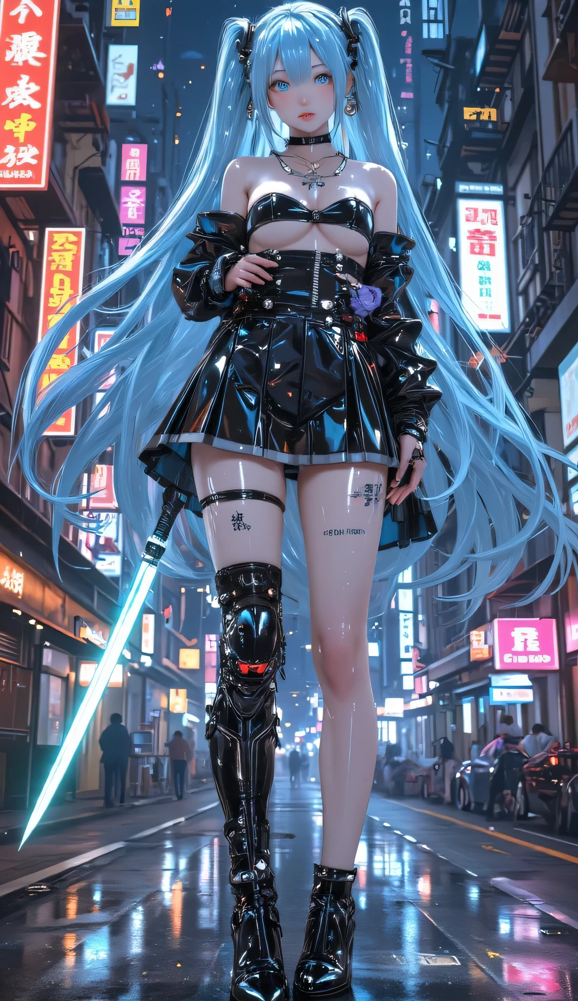 perfect proportions,masterpiece,Complex Details, Exquisite Face,Artwork, best ,Drag ground action with a mop, Fantasy Style ,Drag ground action with a mop8K CG壁紙。Cyberpunk Style。
Beautiful woman。 Perfect appearance ,perfect body。 fair skin ,Tall。smooth flowing sky blue super long hair,Deep Ice Blue Eyes。with Barcode-like Tattoo。
Tailor-Fit Tights,Tights and Mechanical Fusion,Cybo Optical Components。with thigh-covering skirt、High-heeled knee-high boots。Accentuating the Curves of Her Body, is in very good shape ,Chest Full。Highlighting Her Leg Curves。
hand-held glowing samurai knife。
Neon Lights City Background , Strong color contrast with neon effect,towering building、 Mechanical Element 、Digital Signage and Graffiti,Tech-intensive but full of oppressive and chaotic atmosphere。