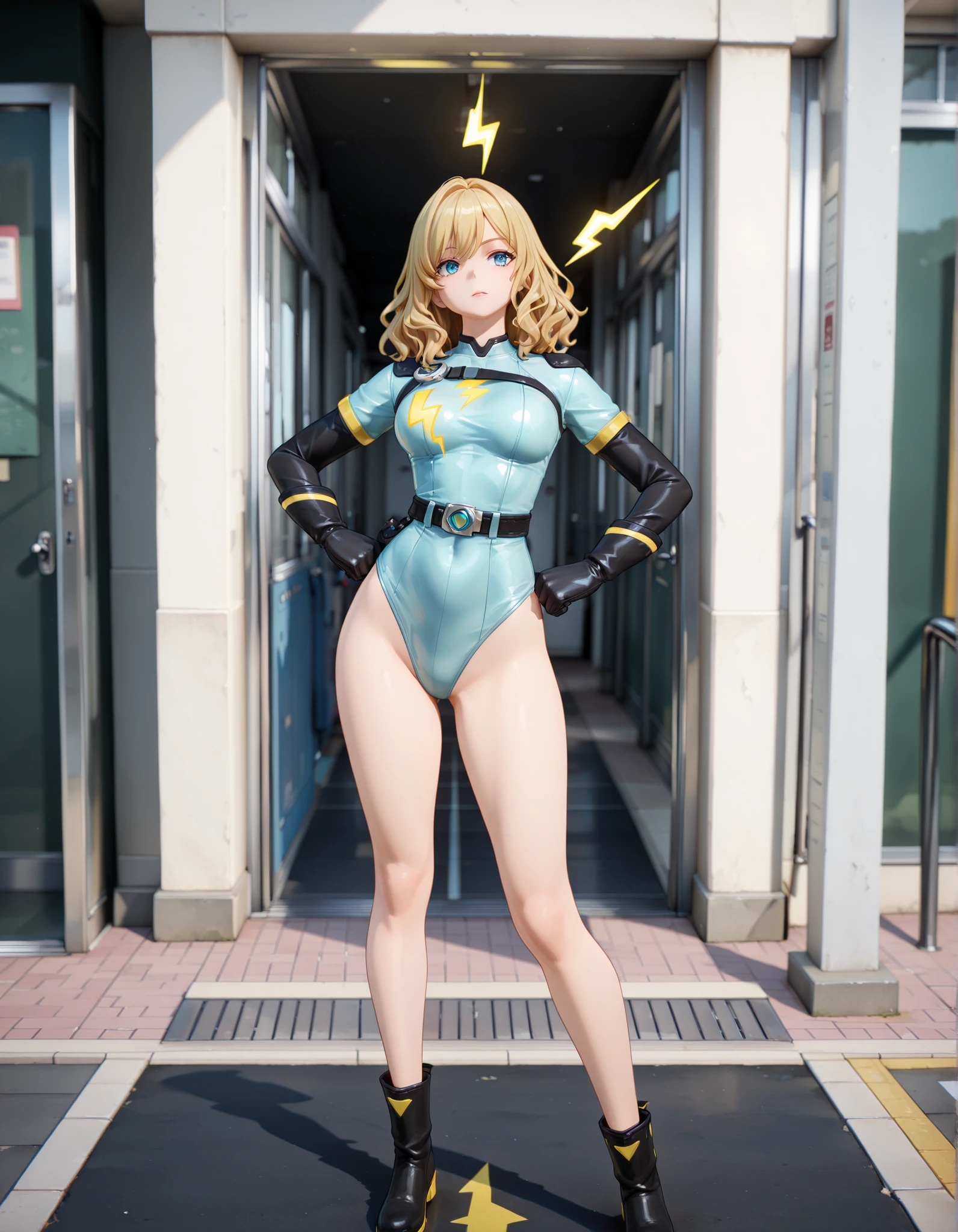 1girl, medium breasts, leotard, light blue leotard bare legs, tight belt, boots, gloves, city backdrop, solo, single, hands on hip, standing, full body shot, cowboy shot, superhero, beautiful detailed eyes, power, diffraction spikes, blonde hair, short hair, wavy hair, high school backdrop, outdoors