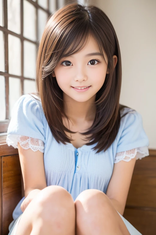 highest quality, High resolution, realistic pictures, detailed skin texture, ((Cute 6-year-old Japanese girl wears a short, off-the-shoulder white camisole)), towards the camera, view audience, slim body shape, (flat chest:1.5), charming gaze, Fair skin, baby face, close up of face, focus on face, At the bed, long straight hair, smile showing teeth