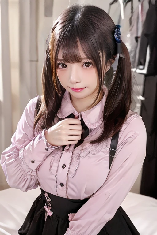 28 years old、、、One woman、、、Cute smile、、、Twin tails、、、Brown Hair、、、Sexy pose、、、(stand)、、、(whole body)、、、whole body、、、(Big Breasts)、、、School、、、uniform、、、pink blouse、、、、(mini skirt)、、、(((black Checked skirt)))