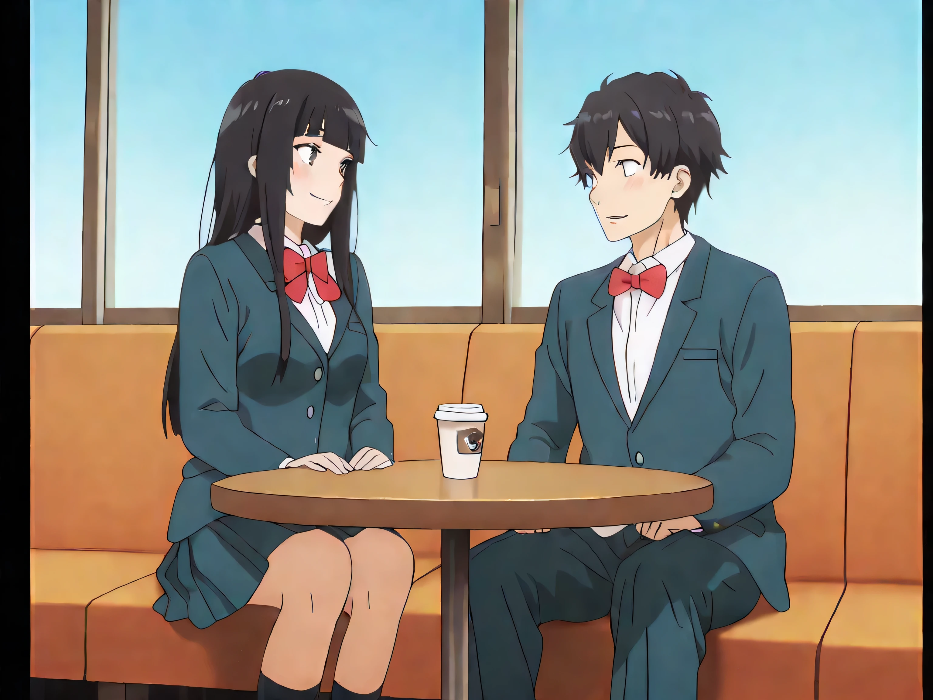 a boy and a girl,1boy,1girl,eye contact,Cafe Terrace,Table,Sunny Blue Sky,A person holding a coffee cup,Sitting, ADDCOMM, high definition, anatomically accurate, masterpiece,High Quality,full body,ADDBASE, 1girl,black hair,((slightly smile)),long hair,school uniform,blazer,skirt,black eyes,blush,wavy mouth,parted lips,blunt bangs,red bow,bowtie,hime cut,medium breasts, ADDCOL, 1boy,black hair,((slightly smile)),short hair,male focus,black eyes,school uniform,blazer,slacks