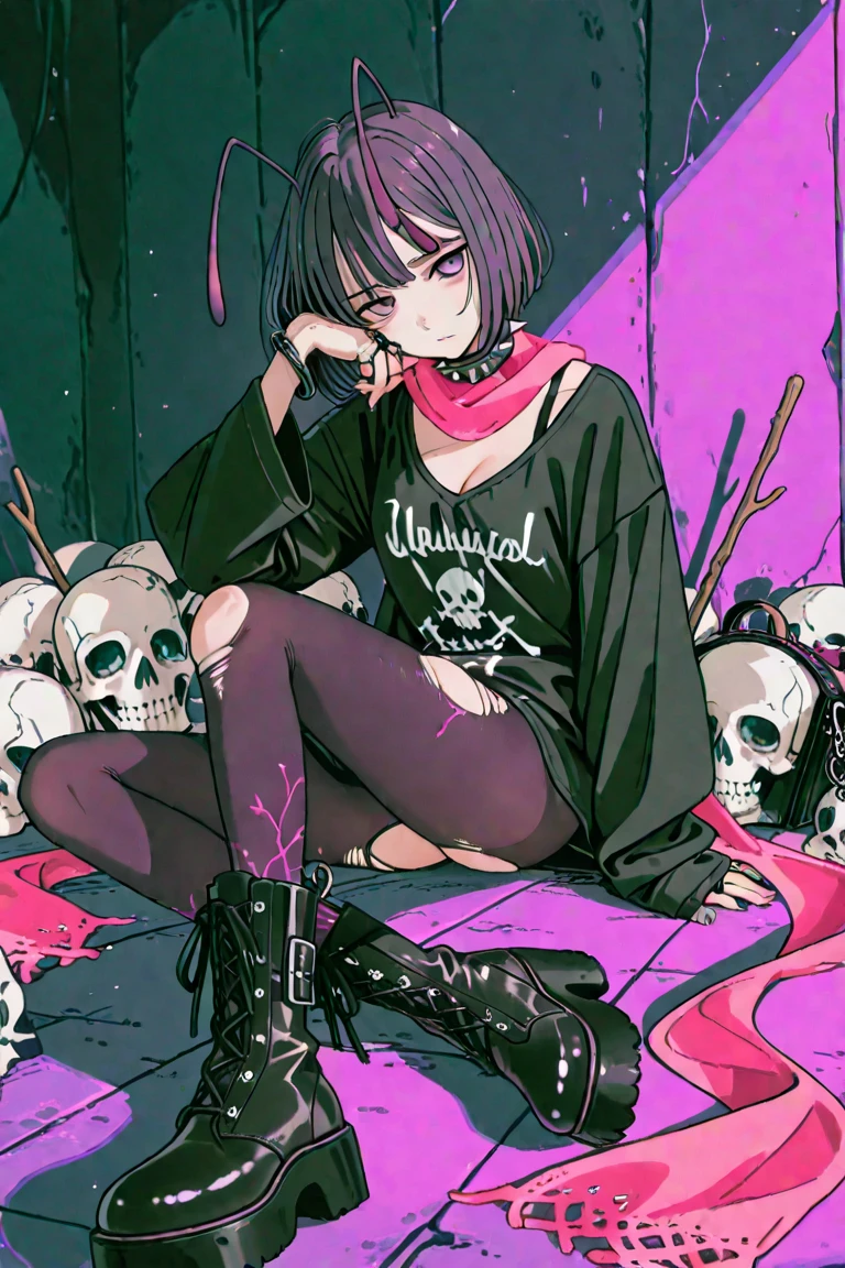 Black Hair、Black Feather、Gothic Punk、sit on a chair, cross one's legs、Throne、tears,anime zombie witch design, wave hands、, street wear design, pro vector, Horror style, full design, 6 colors only, solid colors, no shadows, full design, sticker, bright colors, white background.super fine illustration,(((beautiful fine hair))),(((beautiful fine face))),(((beautiful fine background))),(((beautiful fine hair))),(((beautiful fine face))),(((beautiful fine background)))、Black Hair、blunt bangs