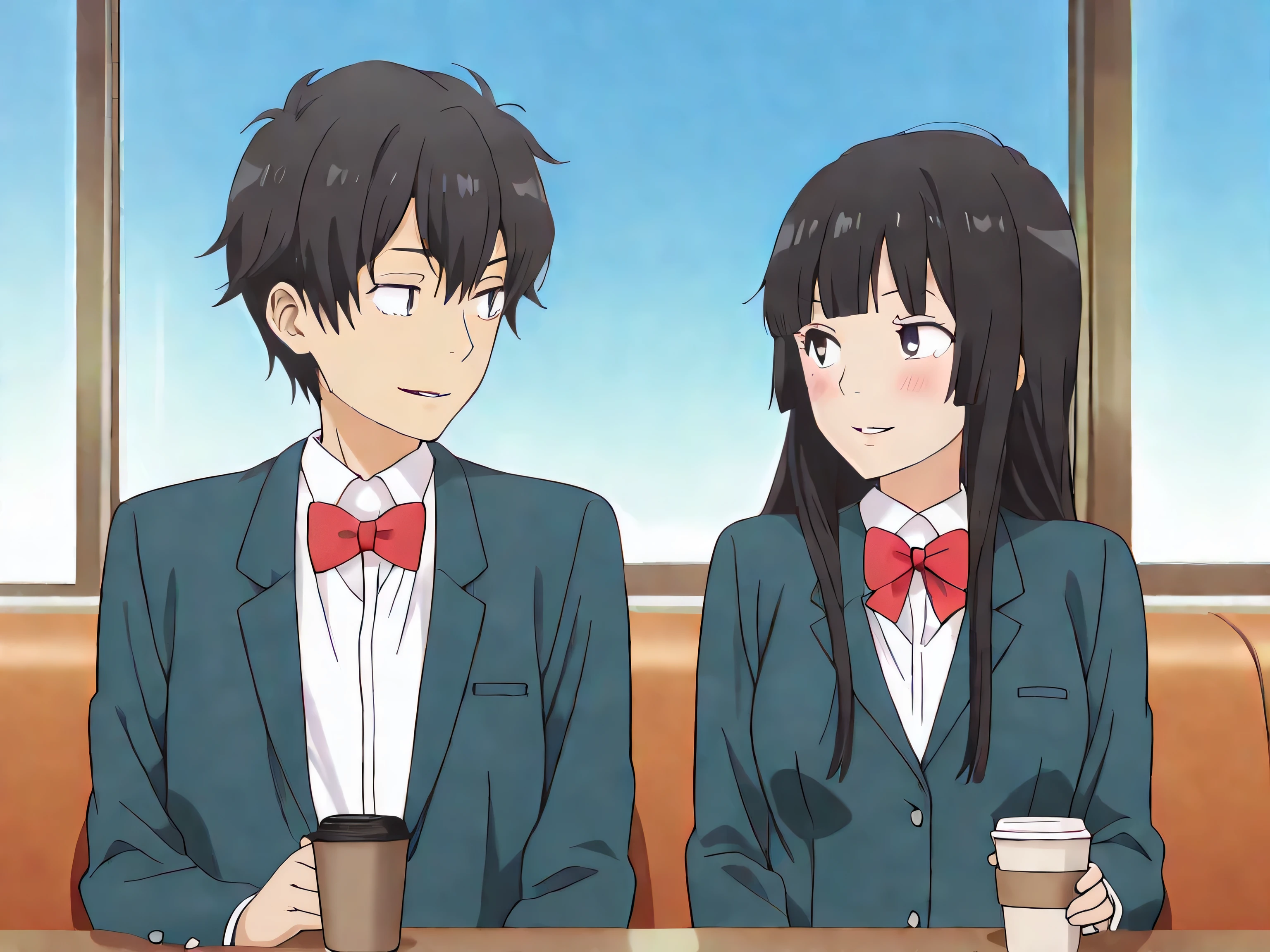 a boy and a girl,1boy,1girl,eye contact,Cafe Terrace,Table,Sunny Blue Sky,A person holding a coffee cup,Sitting, ADDCOMM, high definition, anatomically accurate, masterpiece,High Quality,full body,ADDBASE, 1girl,black hair,((slightly smile)),long hair,school uniform,blazer,skirt,black eyes,blush,wavy mouth,parted lips,blunt bangs,red bow,bowtie,hime cut,medium breasts, ADDCOL, 1boy,black hair,((slightly smile)),short hair,male focus,black eyes,school uniform,blazer,slacks