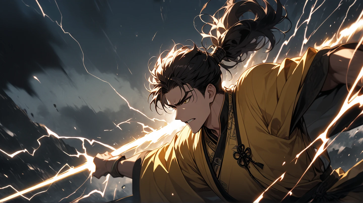 Create a detailed and dynamic illustration of Tanjirou Kamado from "Demon Slayer". He should be in his demon slayer uniform, with his iconic hanafuda earrings and a determined expression. Include a background of a bamboo forest with a hint of movement to emphasize action. The lighting should be dramatic, highlighting his scar and his green checkered haori.