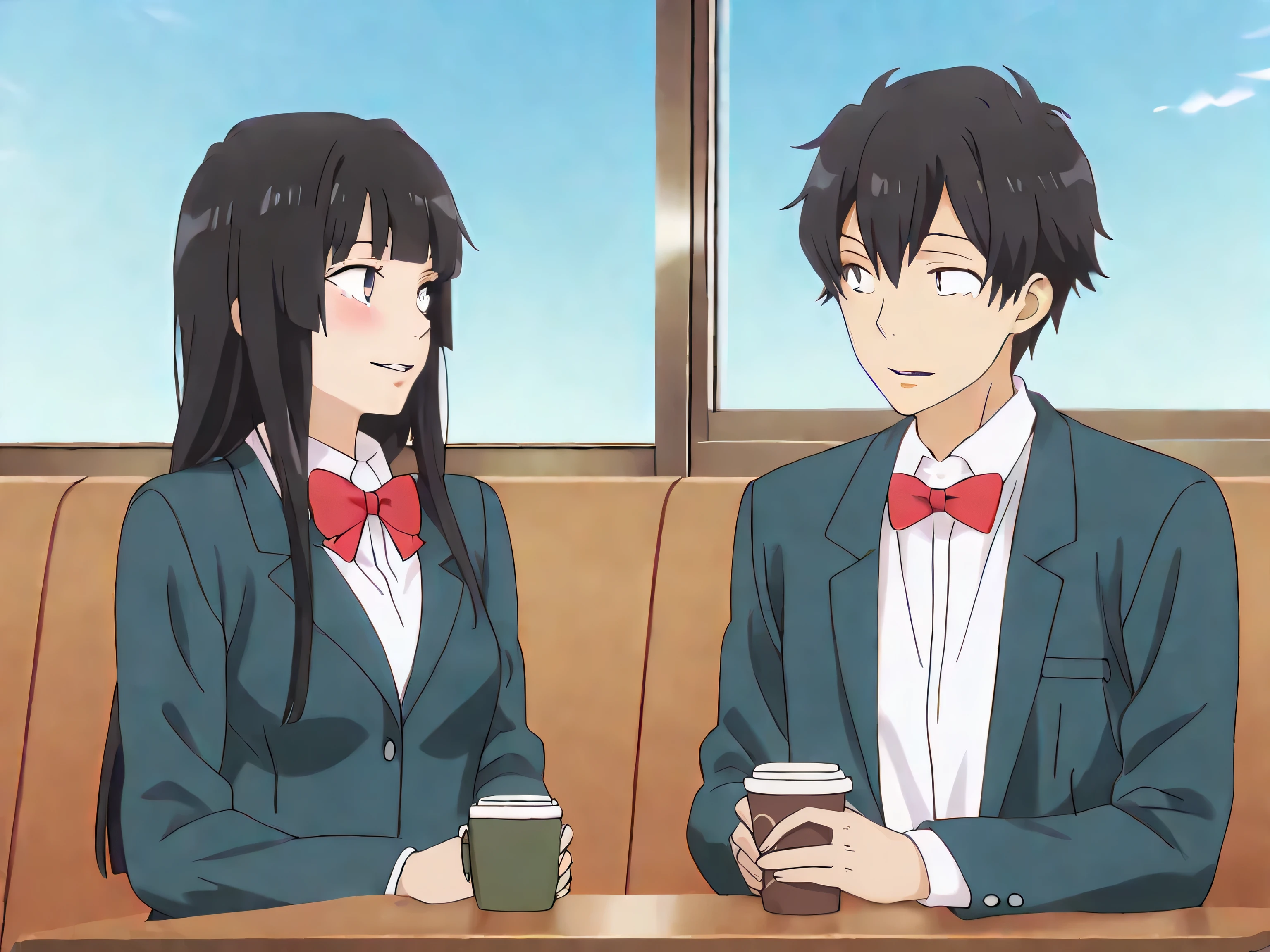 a boy and a girl,1boy,1girl,eye contact,Cafe Terrace,Table,Sunny Blue Sky,A person holding a coffee cup,Sitting, ADDCOMM, high definition, anatomically accurate, masterpiece,High Quality,full body,ADDBASE, 1girl,black hair,((slightly smile)),long hair,school uniform,blazer,skirt,black eyes,blush,wavy mouth,parted lips,blunt bangs,red bow,bowtie,hime cut,medium breasts, ADDCOL, 1boy,black hair,((slightly smile)),short hair,male focus,black eyes,school uniform,blazer,slacks