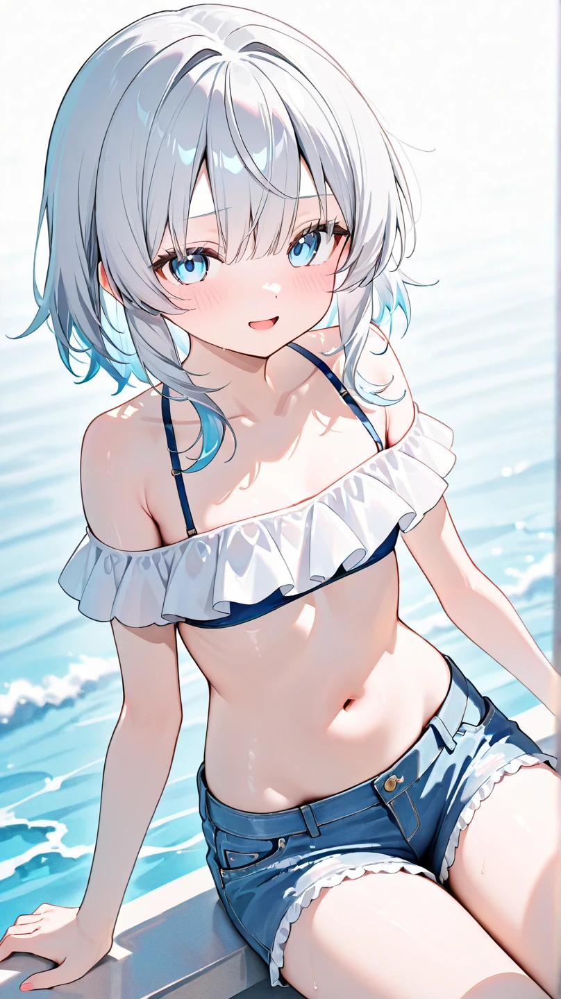 1girl, loli, ocean, bikini, urine, seagull, flat chest, white hair, high quality, high resolution, dull hair, blue eyes