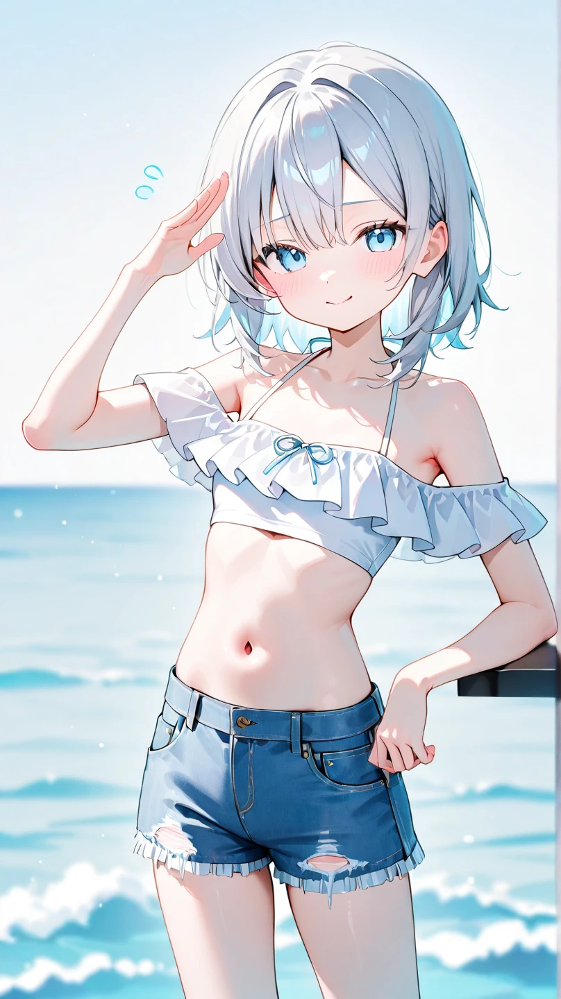 (Masterpiece), (Top Quality Anime Illustration), (Super Definition), One Girl, Solo, Beautiful Girl with Silver Hair, Anime Loli, Cat Ear Loli, Petite, Cleavage Emphasis, Underboob, Thigh Emphasis, White and Light Blue Striped Bikini, White See-Through Hoodie, South Island Sea, Water
