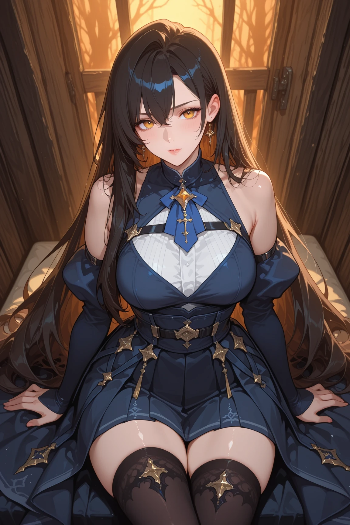 Beautiful dukeza with light brown hair, a beautiful long black dress from medieval times,  annoyed look.