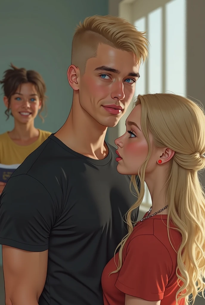 a beautiful blonde woman in a basement with a handsome young man, detailed face and body, (best quality,4k,8k,highres,masterpiece:1.2),ultra-detailed,(realistic,photorealistic,photo-realistic:1.37),chiaroscuro lighting,dramatic shadows,warm tones,intricate details,dramatic atmosphere,sensual,intimate,romantic