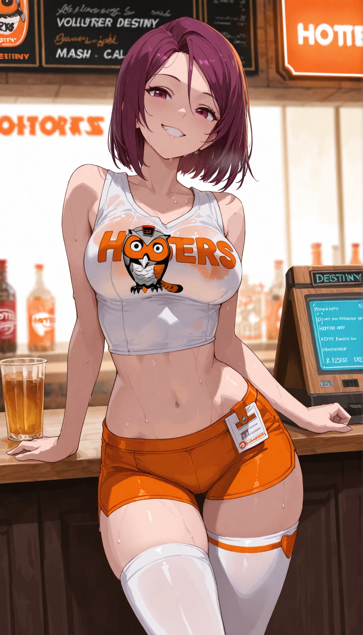 beautiful face, Good figure, Defined body, Super Detailed, high detail, High Quality, best quality, high resolution, 1080P, high resolution, 4K, 8k, masterpiece, correct, volumetric lighting, detailed eyes, 1girl, Mash Kiley Wright (destiny), Hooter, Grin, tight uniform, Hooters uniform, Stand behind the cash register, midriff, sleeveless, Sweating, holding the counter