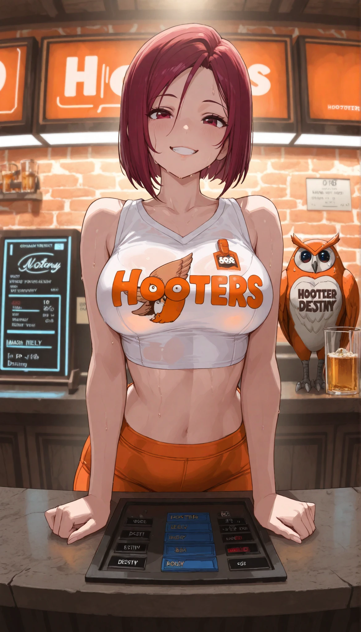 beautiful face, Good figure, Defined body, Super Detailed, high detail, High Quality, best quality, high resolution, 1080P, high resolution, 4K, 8k, masterpiece, correct, volumetric lighting, detailed eyes, 1girl, Mash Kiley Wright (destiny), Hooter, Grin, tight uniform, Hooters uniform, Stand behind the cash register, midriff, sleeveless, Sweating, holding the counter