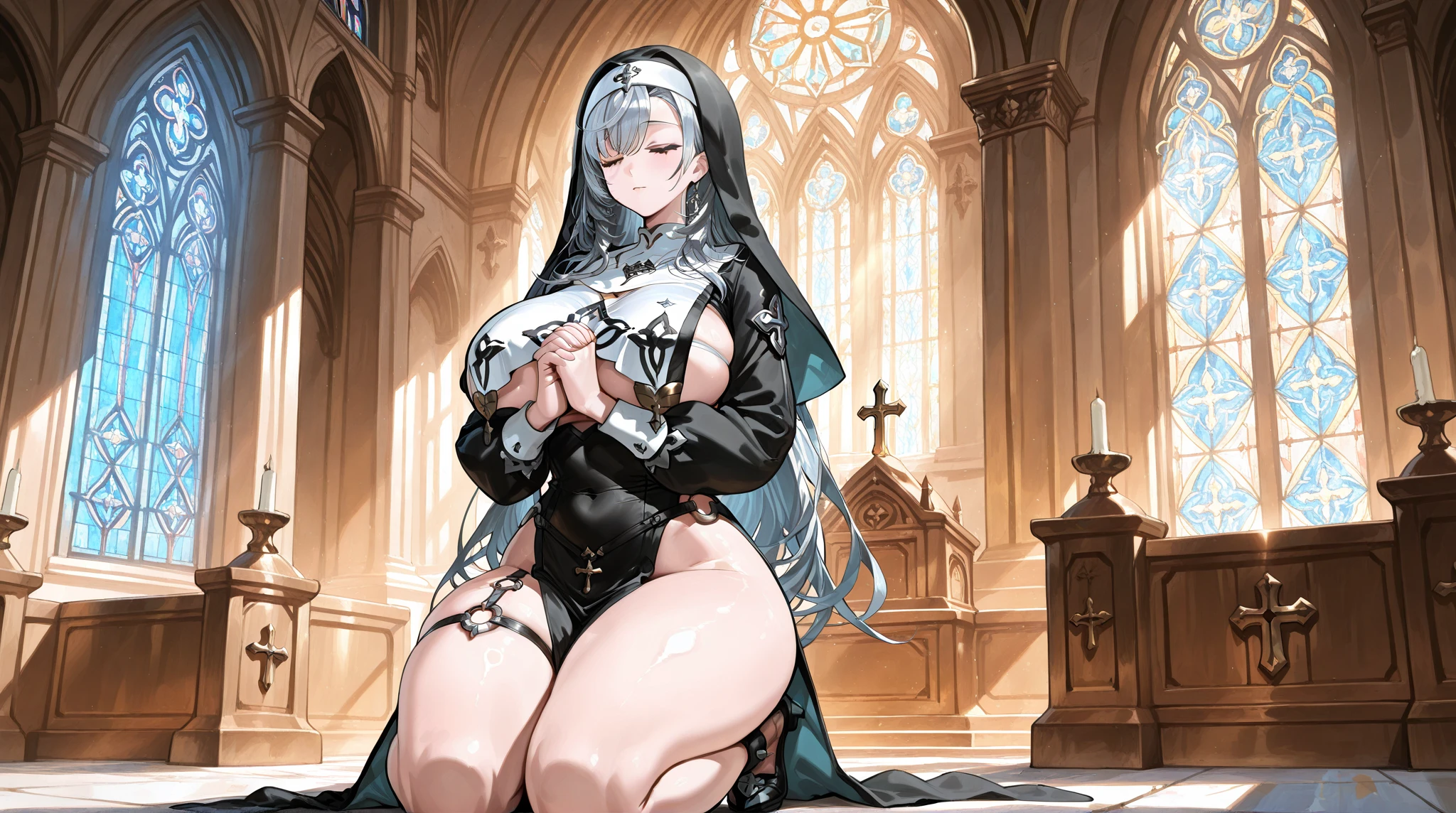(Obra de arte, melhor qualidade), (high resolution, ultra-detalhado), (absurdos, Anatomia perfeita), ao ar livre, 1 garota, Sozinho, vestir, Interjection, seios grandes, bronzeado, colar, mangas brancas, coxas, muscular, coxas, corpo todo, sacerdotisa, igreja, religous, pants, casaco, estacionar, botas, May