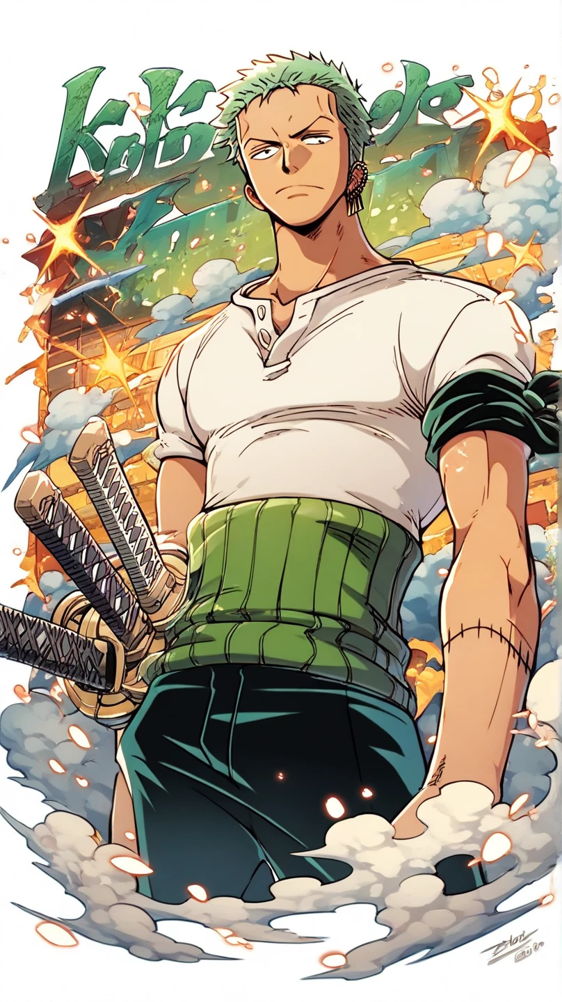 Masterpiece, High quality, anime lineart, 1man, fluffy brown hair, piker face, gray-green-brown eyes, black Shorts, A muscular body, a wheel of dharmas above his head, a spear in his hands, Large body