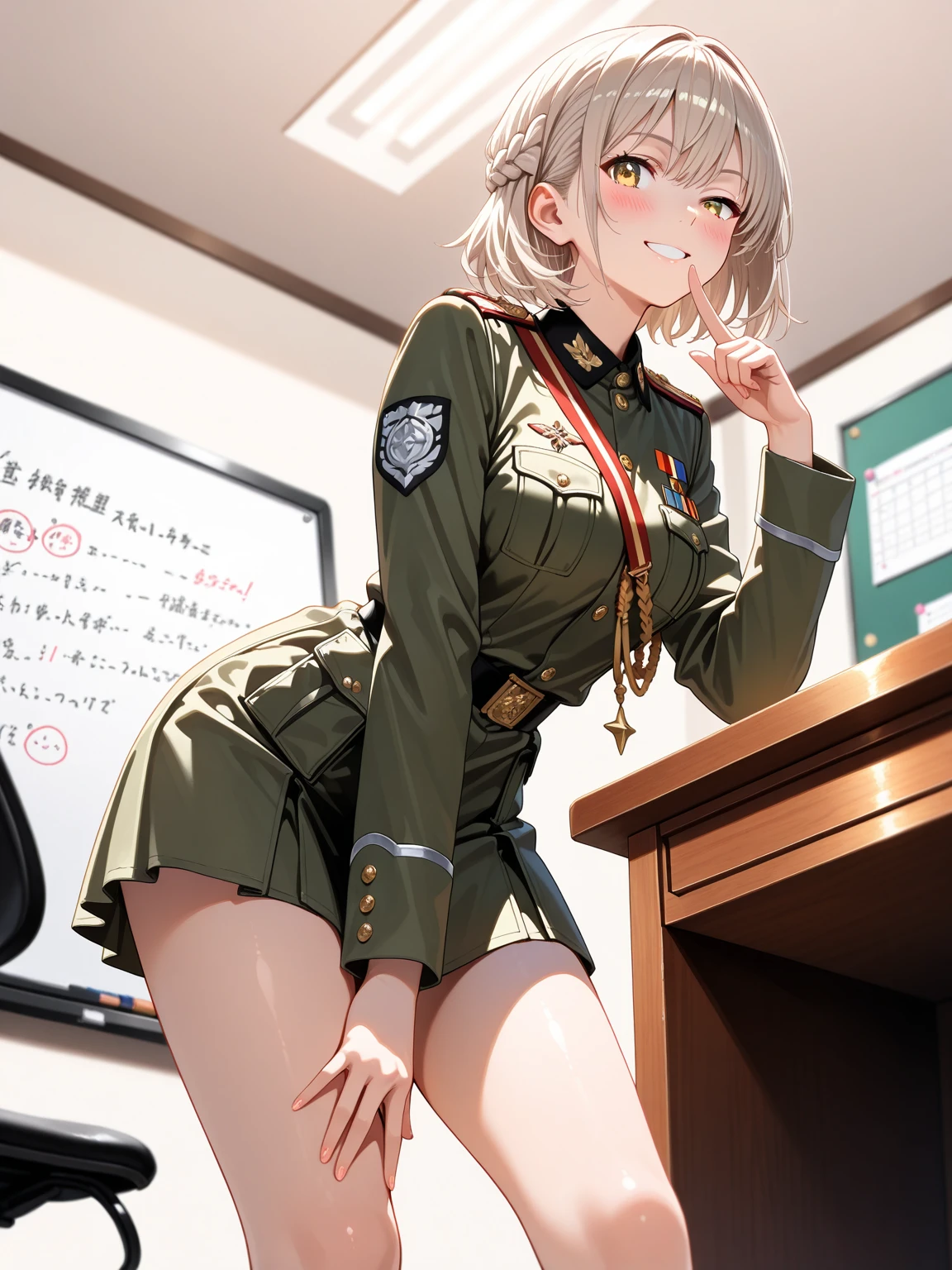 (masterpiece:1.2, best quality), 1girl, young teen, slim, white military outfit, white pleated skirt, (skimpy mini skirt:1.3), skirtlift, upskirt, (no panties), military hat, space cadet, smile, blush, sitting by backboard in classroom, futuristic, anime minimalist, watercolor