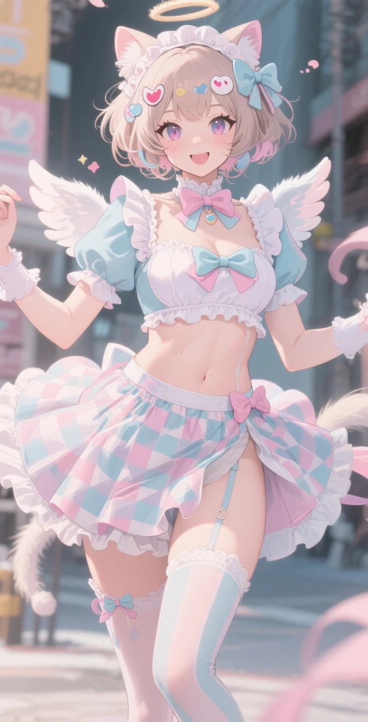 1 tigger head angel ,colorful angel wing,colorful hair , colorful Maid top, colorful pleated skirt bottom,big breast,navel,colorful background