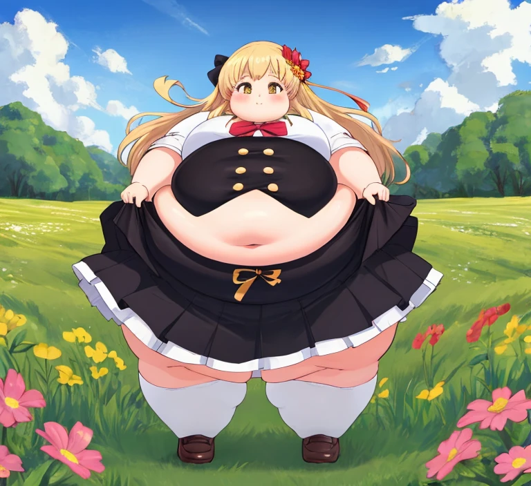 obese 1girl, solo, obese female, obese (oshino_shinobu),(blonde) (blonde_hair), (yellow_hair), ((long_hair)), ((bangs)), (yellow_eyes), blush, pointy_ears, (blush_stickers), flat_chest, obese loli, fat arms, fat belly, fat butt, thick thighs
white_dress, bow, bracelet, pose, barefoot, full_body, ((helmet)), ((googles)), hands_on_own_head, arms open, holding, smiling, bandages in pussy
global illumination, hdri, subsurface scattering, masterpiece, 4k, raytrace, beautiful, sharp, smooth skin, bloom, anime realistic, 4K, masterpiece
sunset, nature, mountains, clouds, grass, flowers, fireflies