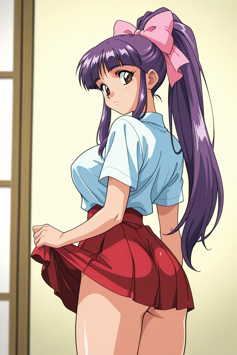((Katsuragi Castle_Misato)), Sailor suit,Miniskirt Photo shoot in apartment, Moderate_chest, Purple Hair,blush、 (analog quality:0.6), (Film Grain:0.8),Skirt lifted、Panty shot、Cute ass、Cute Panties、On all fours、Backwards、look back