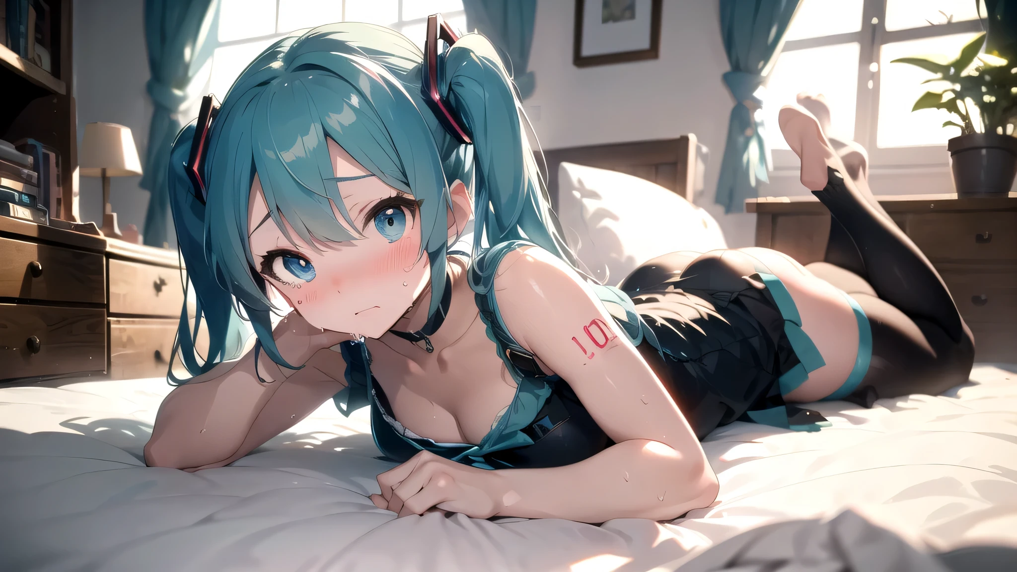 (masterpiece,Best Composition,Depressed Illumination,top quality,Super Detailed),best shadows,Rim lighting,perfect composition,(Hatsune Miku:1.2),slender Body,light blue twin tail hair, beautiful light blue big eyes,look at here,shy,(Blushing,Sweating:1.3),big breasts,(lying down,Lift hips a little,tilt head:1.5),on luxury canopy bed,cute gothic room,houseplants
