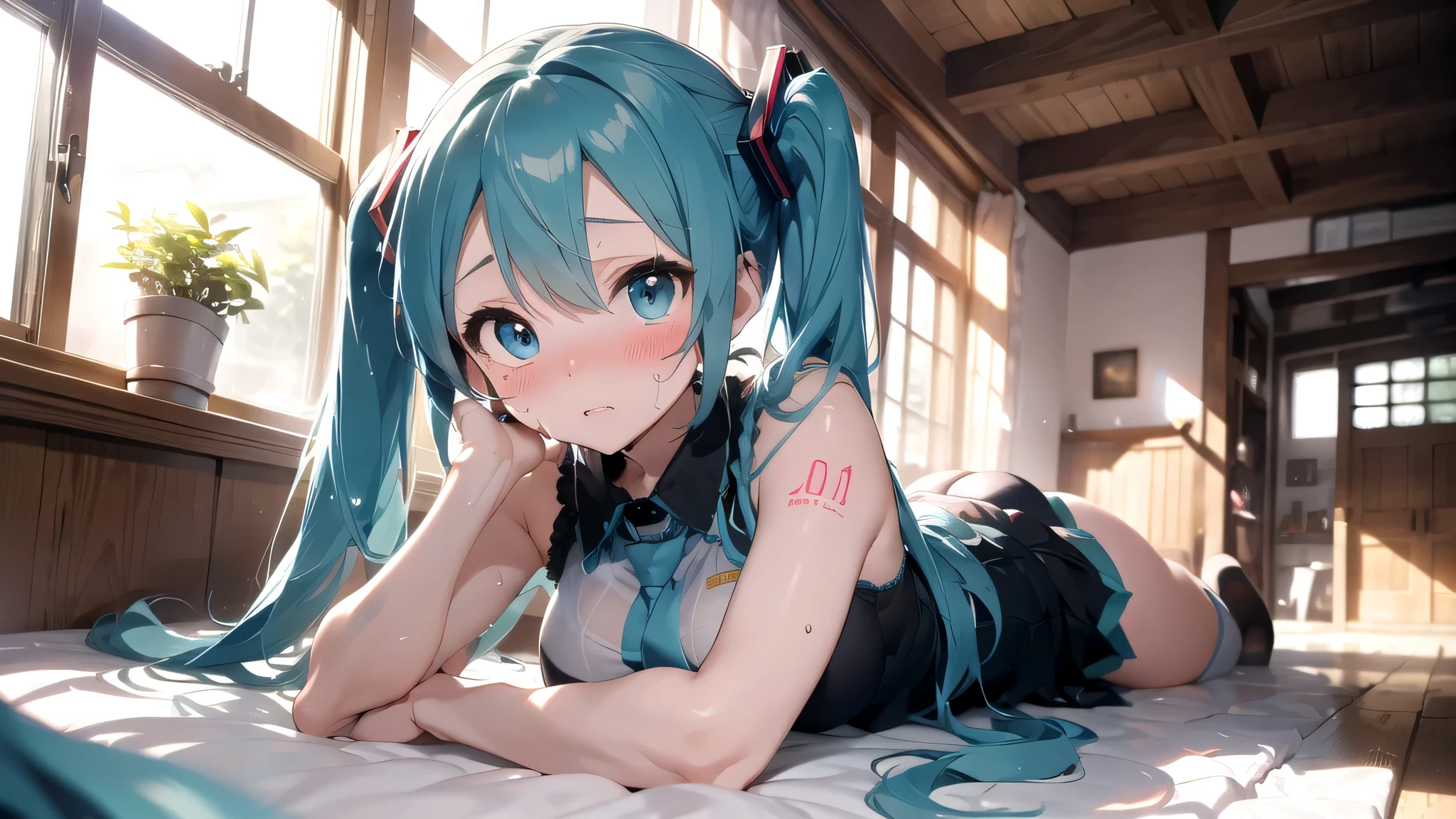 (masterpiece,Best Composition,Depressed Illumination,top quality,Super Detailed),best shadows,Rim lighting,perfect composition,(Hatsune Miku:1.2),slender Body,light blue twin tail hair, beautiful light blue big eyes,look at here,shy,(Blushing,Sweating:1.3),big breasts,(lying down,Lift hips a little,tilt head:1.5),on luxury canopy bed,cute gothic room,houseplants