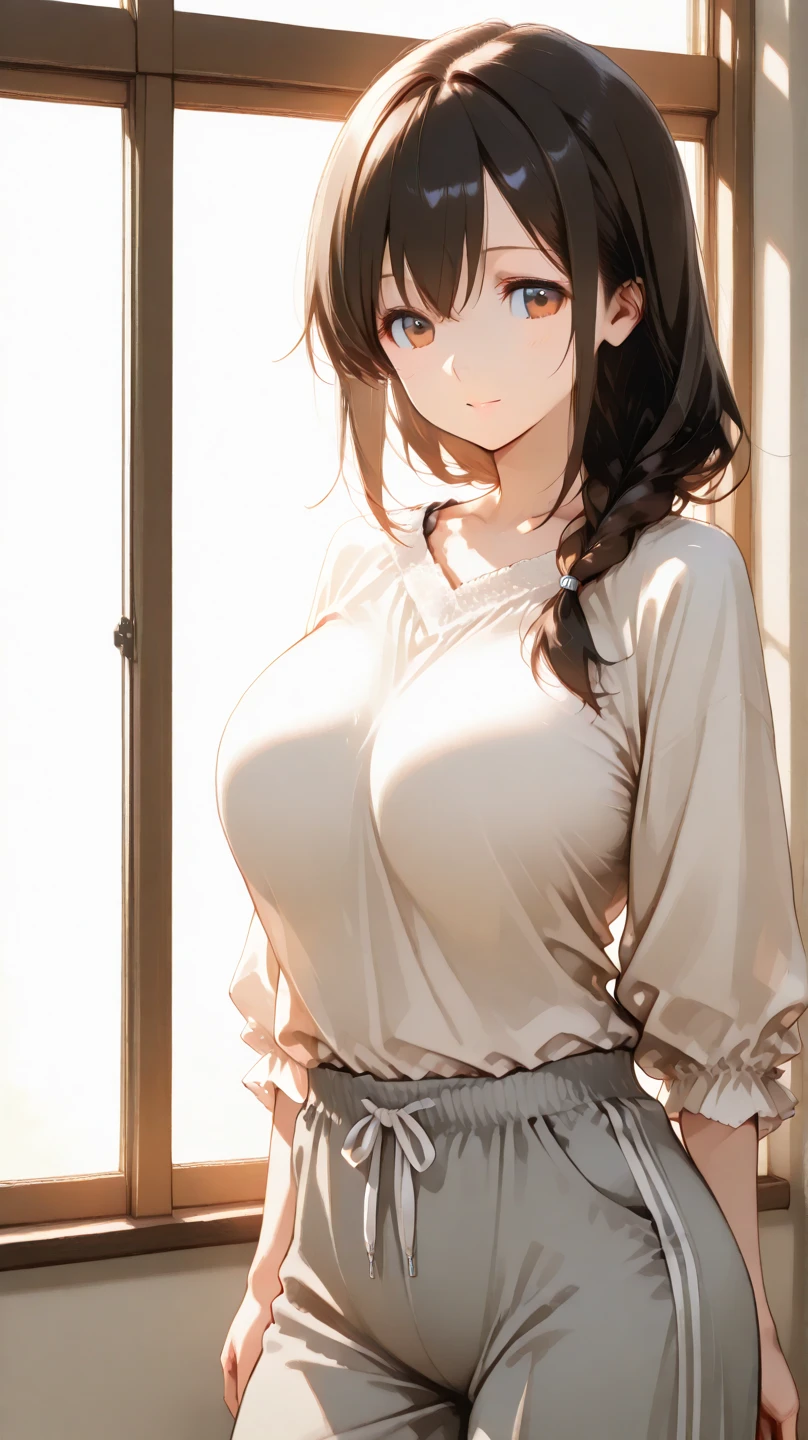 (High quality, High resolution, Fine details, Realistic), Long Wave Hair、dark brown hair、Earring、Modest necklace、White shirt with short sleeves,Pink flared skirt, crystal clear skies, Strong sunshine, Solo, Adult Woman, Sparkling eyes, Smile, blush, Large breasts,  Oily skin, Shallow depth of field、Puffy nipple、Pose with chest emphasis in a slouching position、Holding the skirt with your hands
