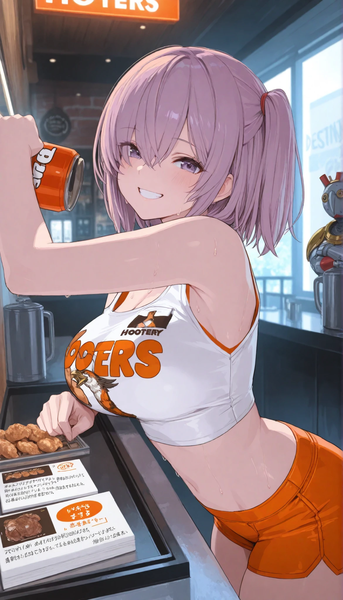 beautiful face, Good figure, Defined body, Super Detailed, high detail, High Quality, best quality, high resolution, 1080P, high resolution, 4K, 8k, masterpiece, correct, volumetric lighting, detailed eyes, 1girl, Mash Kiley Wright (destiny), Hooter, Grin, tight uniform, Hooters uniform, Stand behind the cash register, midriff, sleeveless, Sweating, holding the counter