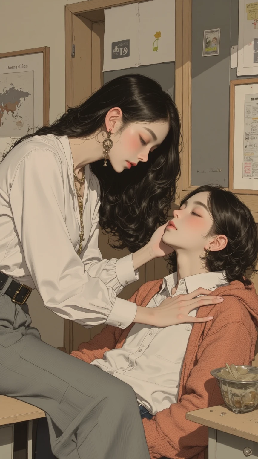 (best quality,highres,ultra-detailed:1.2), a picture of a man sitting on a sofa combing a woman's hair. The man has dark hair and a gentle smile on his face. The woman has long, flowing hair and a serene expression. The room is well-lit with natural sunlight coming through the window, casting a warm glow on the scene. The background is decorated with beautiful paintings and elegant furniture. The overall atmosphere is calm and peaceful. The artwork is done in a realistic style, with attention to detail in the facial features and the texture of the hair. The colors are vibrant and vivid, creating a harmonious composition. The lighting is soft and subtle, highlighting the subjects' faces and creating a sense of intimacy. The artwork captures the tender moment between the man and the woman, showcasing their love and connection.