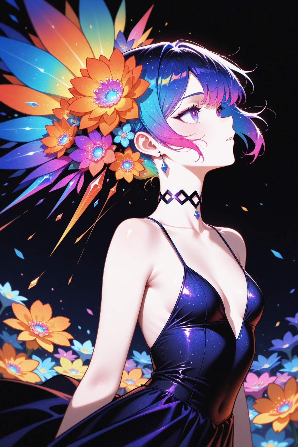 ObsidianSand,masterpiece, best quality, vibrant, very aesthetic, high contrast, newest,  flowers, gems, jewelry, colorful, 1girl, high neck dress, small breasts,