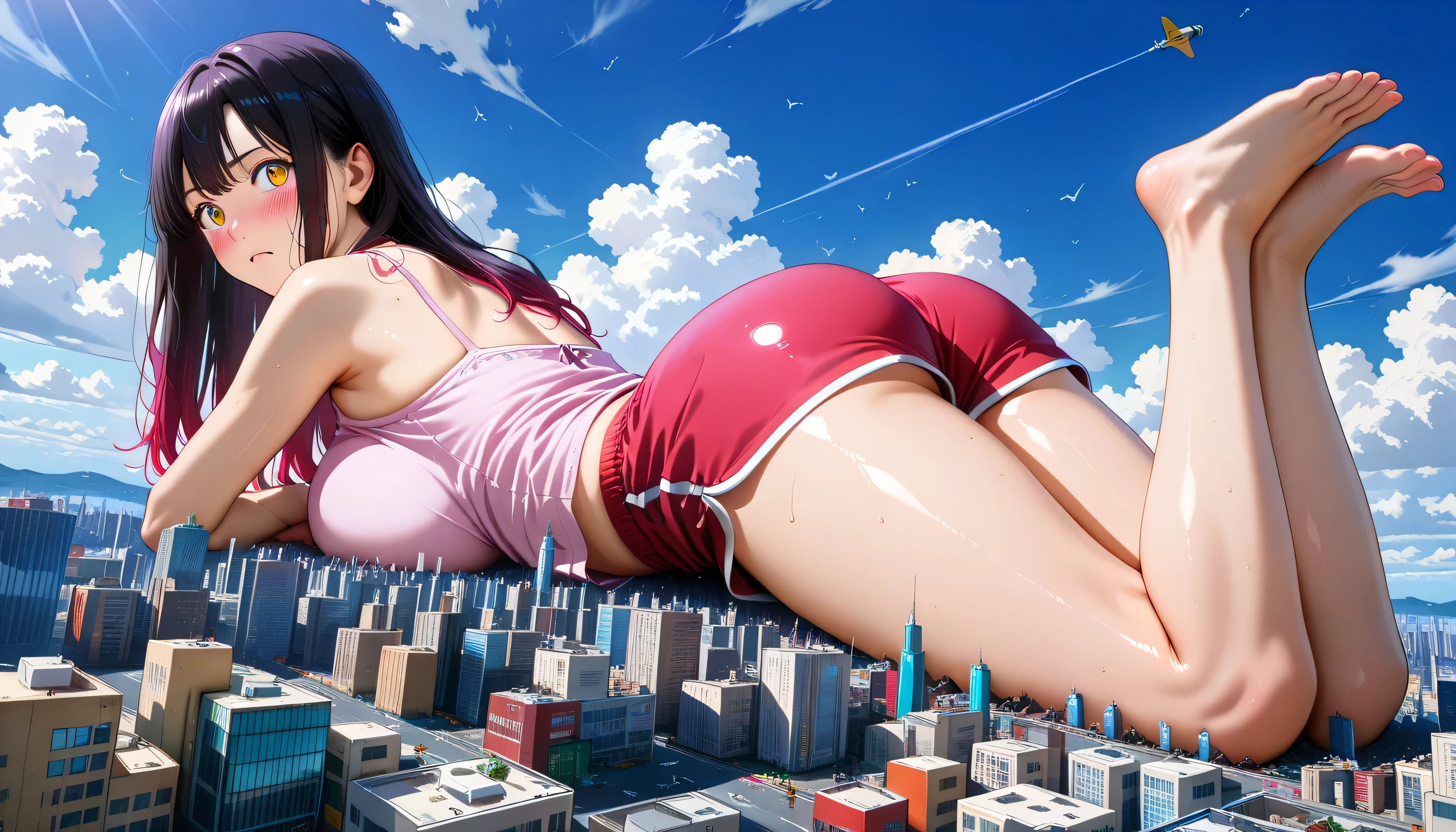 (realistic photo:0.0), (ultra-realistic:0.0), (ultra quality:1.3), super High resolution, (Ultra Detailed:1.3), (super fine-illustration:1.0), sharp focus, vibrant colors, Concept Art, Beautiful anime scene, Beautiful anime scenery, Top rated on pixiv, Highest quality, 4K resolution, anime style, Detailed explanation, full body, (from below:1.3), from back,
2 giantess girls, (Look away), (surprised:0.8), (blush:1.5), (Mecha Girl:0.0), casual clothes, big breasts, beautiful face, shiny shining hair, Nostrils, Lying on your back , Outdoor,
Giantess, city,