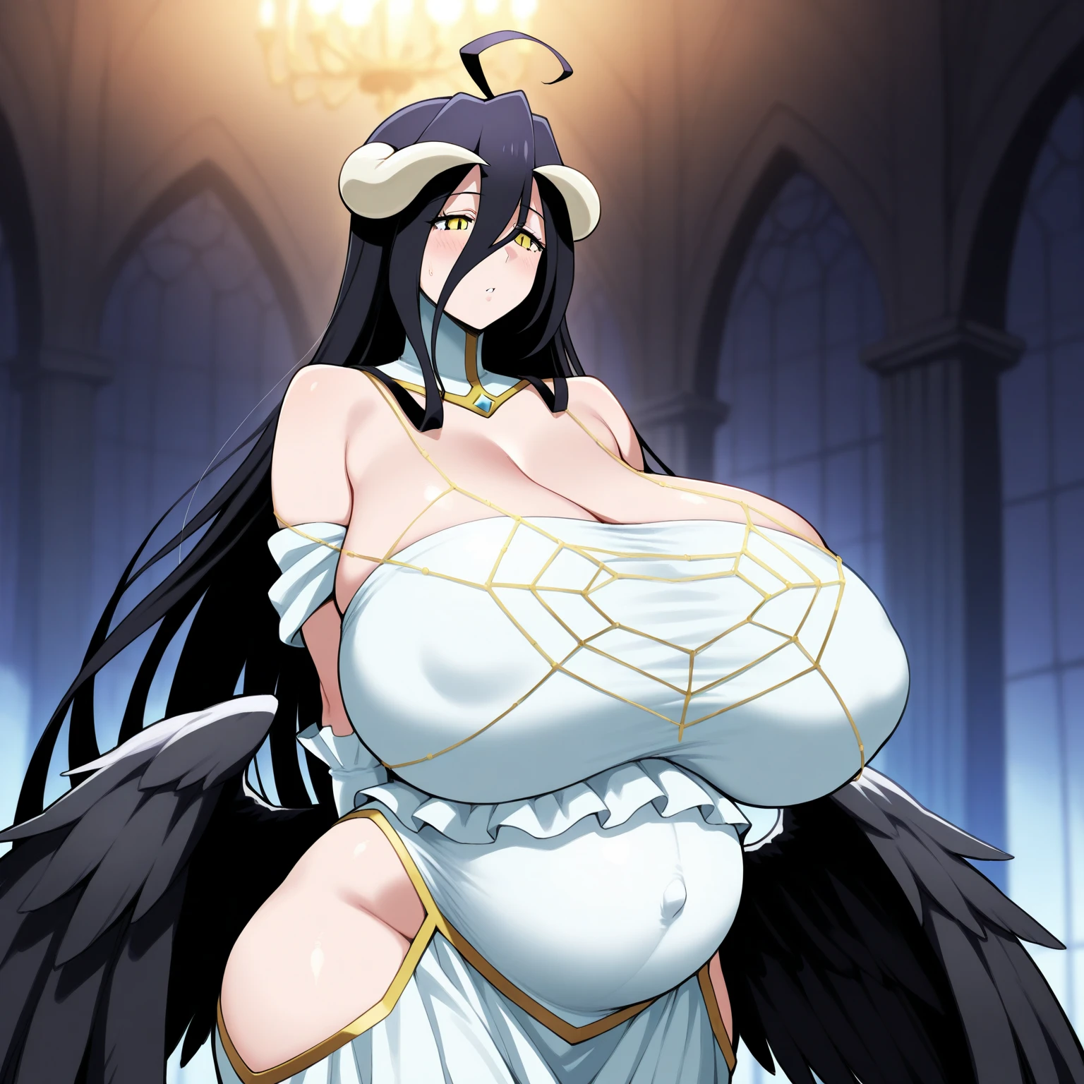 An anime-style artwork depicting albedo from the anime overlord.

Tags: albedo (overlord), 1girl, albedo (overlord), solo, horns, long hair, black hair, gloves, yellow eyes, dress, demon girl, ahoge, white gloves, wings, open mouth, bare shoulders, demon horns, white dress, hair between eyes, parody, black wings, very long hair, breasts, low wings, anime, detailed eyes, detailed lips, smiling expression, intense gaze, dynamic pose, indoor, palace, vibrant colors, digital art, high-resolution, professional quality, gigantic breasts, (underboob : 1.4), curvy, cowboy shot, (gigantic breasts: 1.4), cleavage