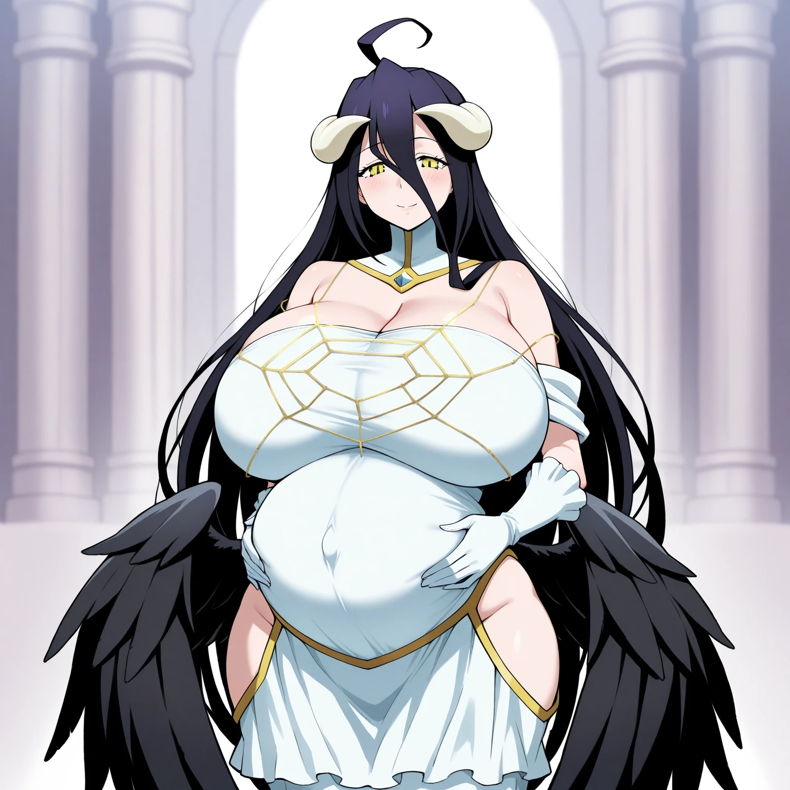 Albedo(Overlord),black hair,white horn,curvy body,big breast,big thighs,fully naked, standing in the middle of the dark room, surrounded by multiple black men(fully naked,very black skin,bald,faceless,standing very close to her, surrounding her from every direction),her breast was fondled,her nipples was teased,her thighs was caress by them,every part of her body was touched by the group,mating scene,sex,gangbang,nsfw,((hentai art style)).