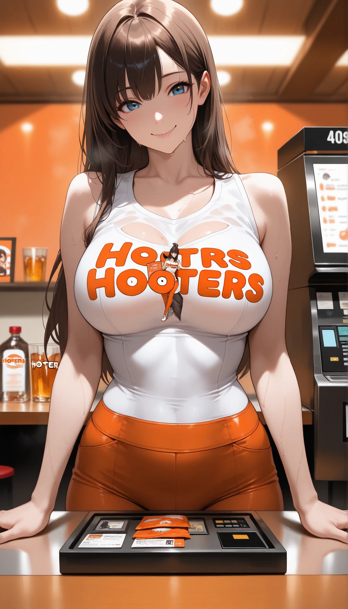 masterpiece,highest quality,Very detailed,High resolution,8k,wallpaper,Perfect lighting,break(One Woman),(Mature woman working as a waiter at a sports bar:1.5),(55 years old),(hooters),(((A very form fitting white tank top:1.5))),((The tank top has the logo of a sports bar on it.:1.5)),(((tiny orange shorts))),(((very pretty 1.5))),(Beautiful Eyes:1.5),(Detailed face drawing:1.5),(Detailed face drawing:1.5),((Very detailed:1.5)),(Shiny skin:1.2),(gigantic Breasts:1.5),(Thick thighs:1.5),(Sensual body:1.5),(Sports bar background:1.5),(((Blur the background:1.5))),((( smiling nervously:1.5))), a logo of a bar on her shirt, hard nipples